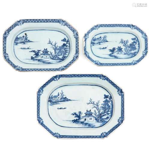 A Lot of 3 Blue and White Serving Trays