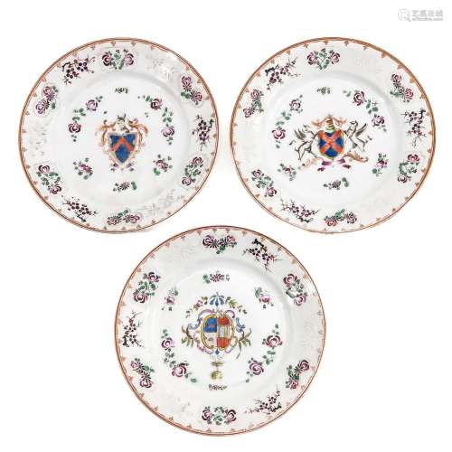 A Series of 3 Famille Rose Armorial Plates