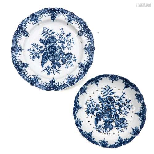 A Blue and White Strainer and Plate