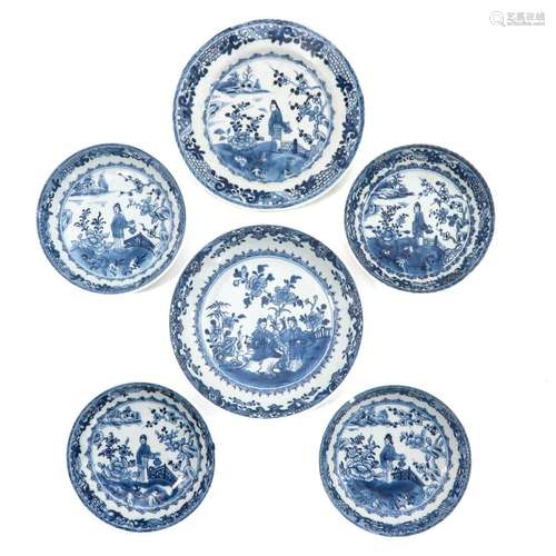 A Collection of 6 Blue and White Plates