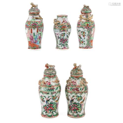 A Collection of 5 Cantonese Garniture Vases