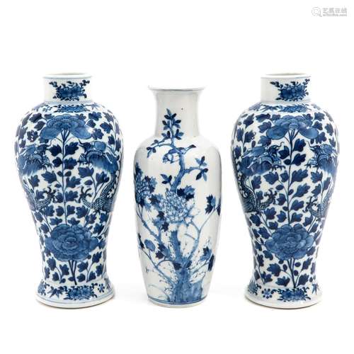 A Collection of 3 Blue and White Vases