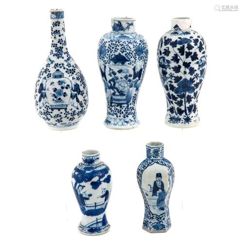 A Collection of 5 Blue and White Vases