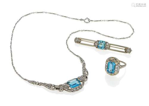 Aquamarine set: necklace, ring and brooch