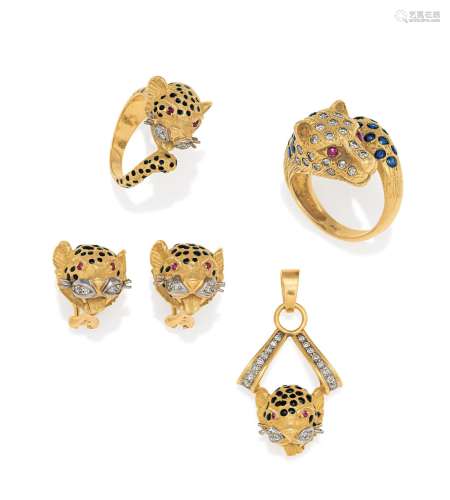 Gemstone Diamond Set: 2 Rings, Pendant and Earclips
