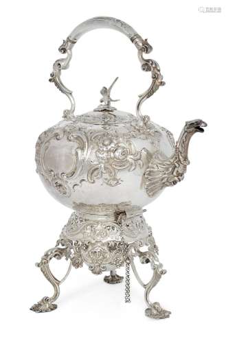 A silver hot water kettle with stand and burner, London, 185...