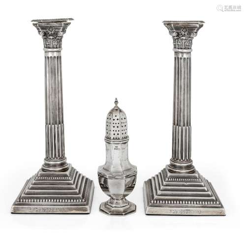 A pair of silver Corinthian column candlesticks, Birmingham,...