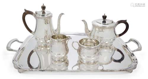 An Elizabeth II silver four-piece tea set with earlier tray,...