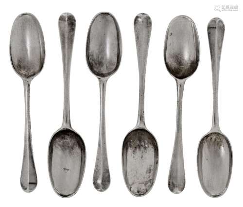 Six 18th century silver rat-tail dessert spoons, three Londo...