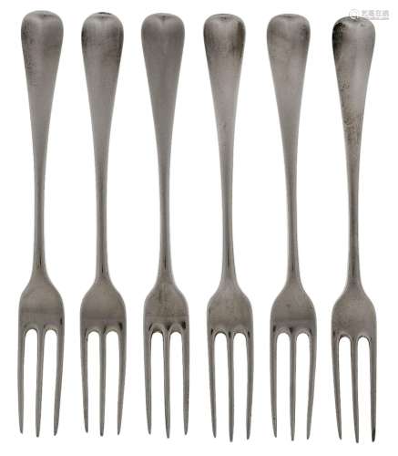 A set of six George II silver three-pronged dessert forks, L...