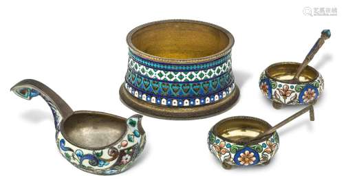 A group of Russian cloisonné enamelled items comprising: a p...