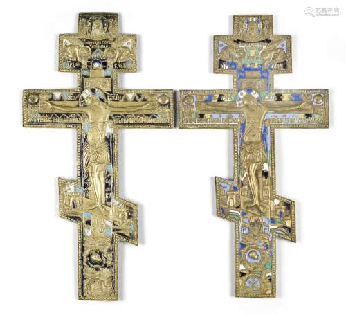 Two Russian Orthodox brass and enamel hand-held blessing cro...