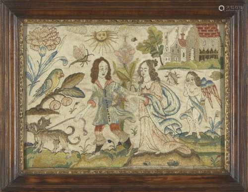 A Charles II silk embroidered panel