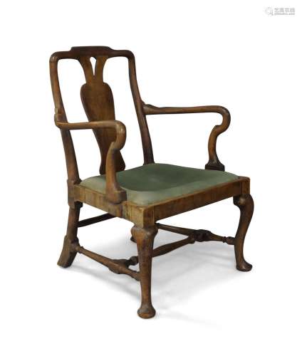 A Queen Anne walnut open arm elbow chair
