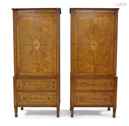 A rare pair of George III satinwood and marquetry inlaid cab...