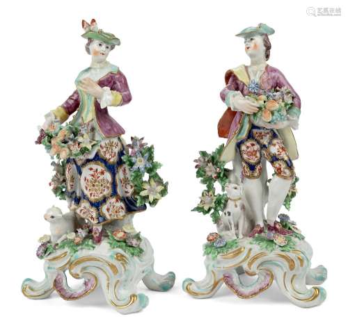 A pair of Bow porcelain figures of a shepherd and shepherdes...