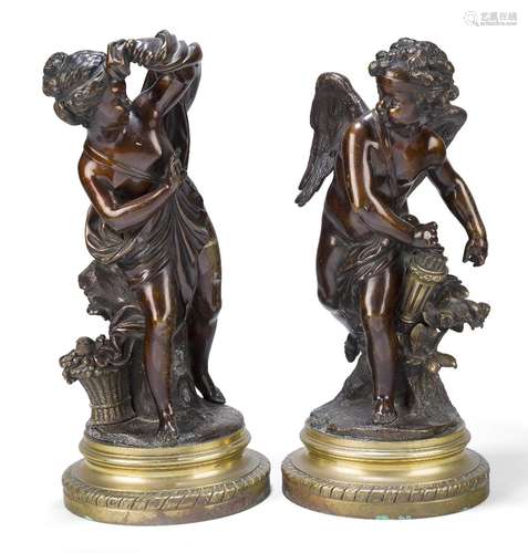 A pair of French bronze models of Cupid and a Young Girl