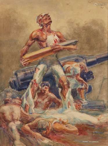 Henry O'Connor "WWII Battle Scene" Watercolor