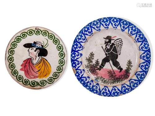 Pair of plates with wanderer man and profile portrait, Italy...