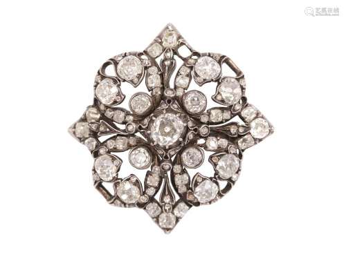 Baroque brooch, Mid 19th century, White gold or silver set