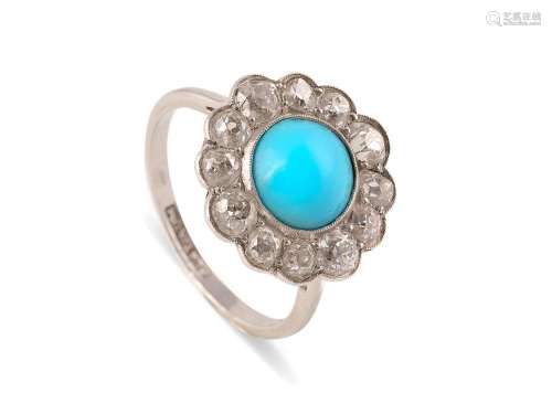 Ring, Around 1915, Platinum, diamonds, turquoise