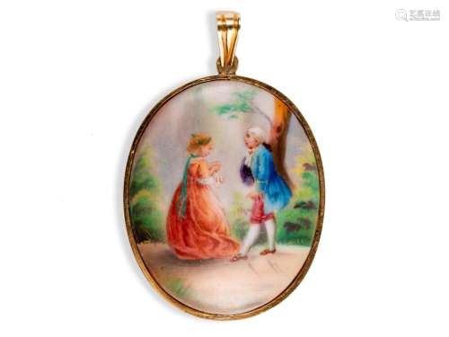 Locket lovers, 14 ct gold, Portrait miniature on porcelain