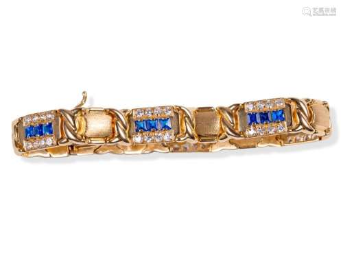 Bracelet, 14 ct gold, Set with diamonds & blue colored s...