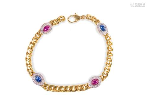 Bracelet, 14 ct gold, Set with rubies & sapphires in cab...