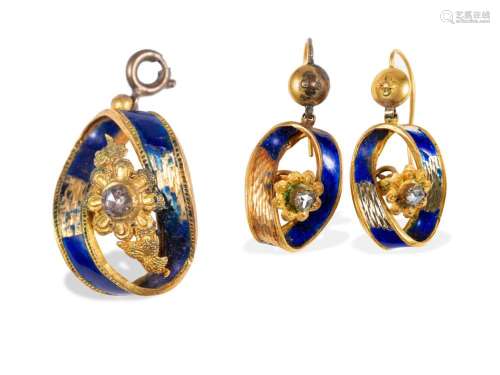 Convolute pendant & pair of earrings, Biedermeier, Metal...