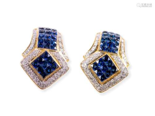 Pair of earrings, 18 ct gold, Set with diamonds & sapphi...