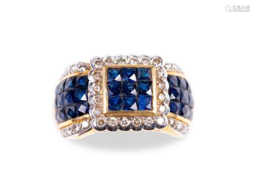 Ladies ring, 18 ct gold, Set with diamonds & sapphires
