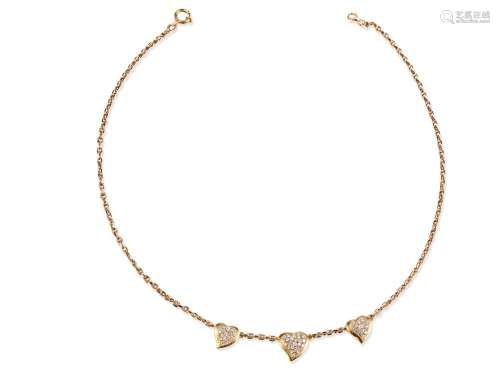 Necklace, 14 ct gold, 3 hearts set with diamonds
