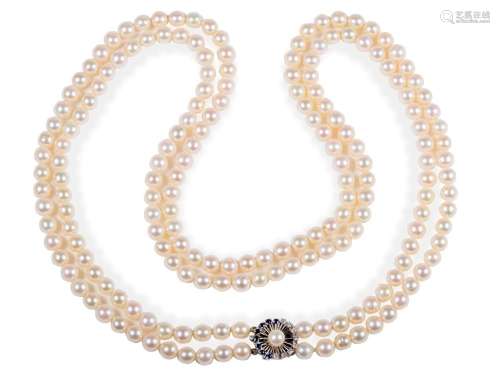 Double row pearl necklace, Clasp made of 14 ct white gold,, ...