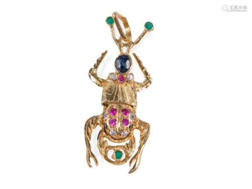 Pendant in the shape of a stag beetle, 14 ct gold, Set with ...