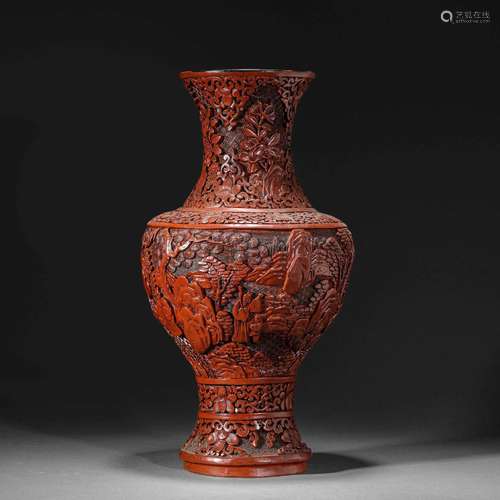 Qing Dynasty,Red Carved Lacquerware Flower Bottle