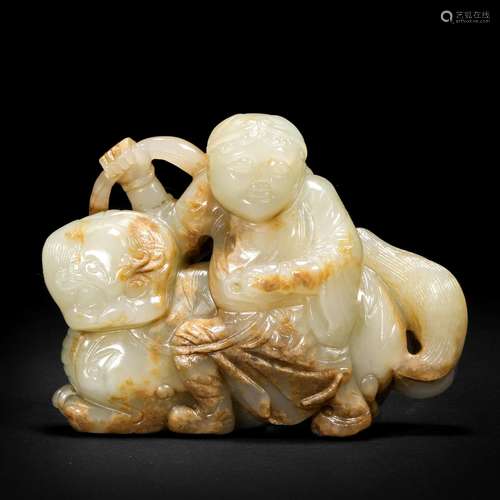 Ming Dynasty,Hetian Jade Hu People Taming Animal