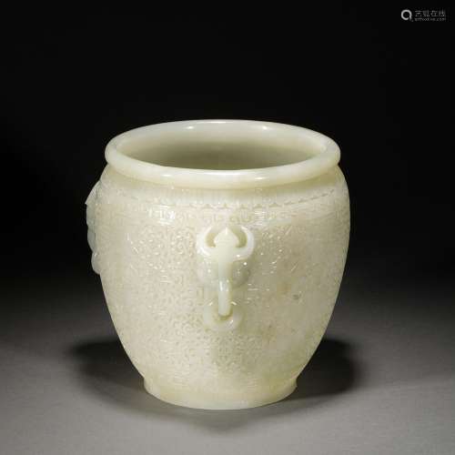 Qing Dynasty,Hetian Jade Beast Head Flower Jar