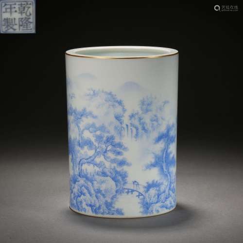 Qing Dynasty,Blue and White Cloud Pattern Pen Holder
