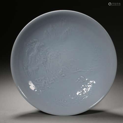 Qing Dynasty,Monochrome Glaze Landscape Plate