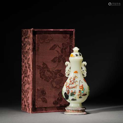 Qing Dynasty,Hetian Jade Treasures Inlaid Binaural Bottle