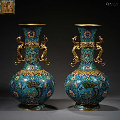 Qing Dynasty,Cloisonne Flower Beast Ear Double Foot Vessels