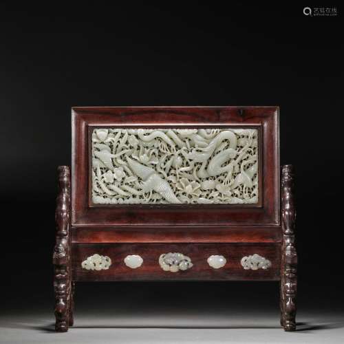 Qing Dynasty,Hetian Jade Red Sandalwood Screen