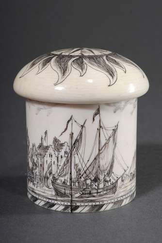 Kleine zylindrische Scrimshaw Schraub-Deckeldose mit fein gr...