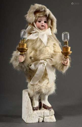 Lampe mit „Winterengel“ Puppe, Porzellan Kurbelkopf und Glie...