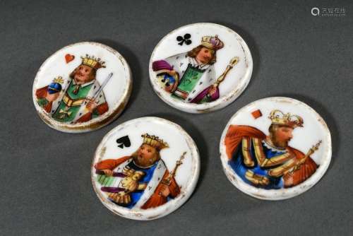4 Porzellan Spielchips mit farbigen Königsdarstellungen und ...