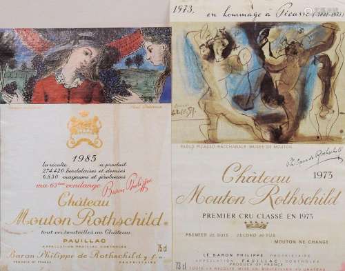 2 Weinetiketten "Mouton Rothschild" 1973 und 1985,...