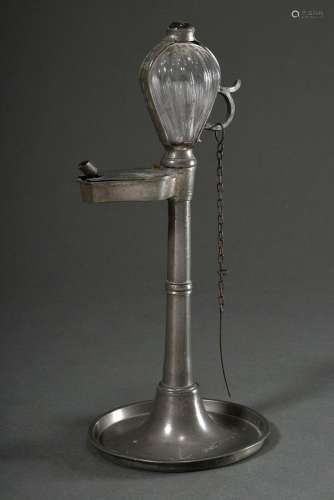 Zinn Öllampe mit Stundenglas, 19.Jh., H. 31,5cm, kl. Defekte