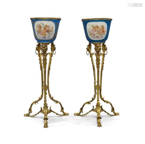 A pair of French gilt-bronze mounted Sevres jardinieres-on-s...