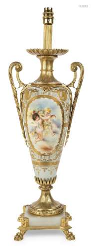 A French gilt-metal mounted Sevres-style porcelain lamp, fir...