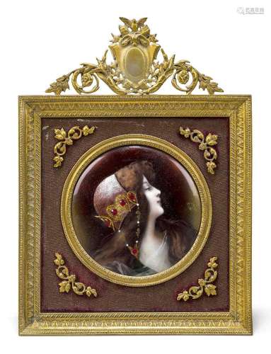 A French enamel portrait plaque of a maiden, early 20th cent...
